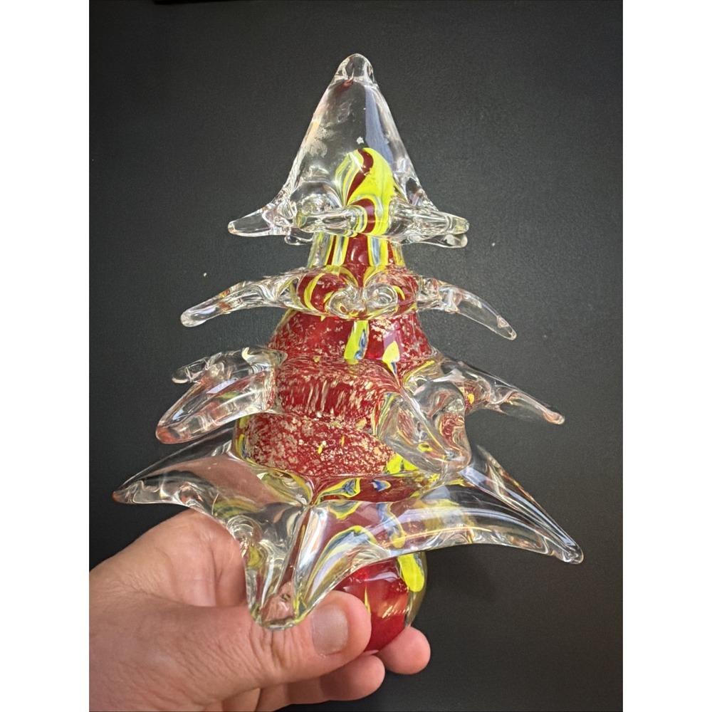 Vintage Murano Style Glass Christmas Tree With Red Core, Yellow Millefiori